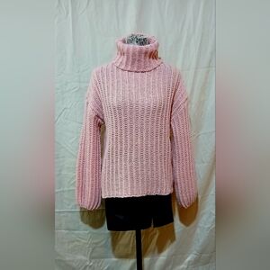 Elegant Pink Turtleneck Sweater With Black Mini Skirt